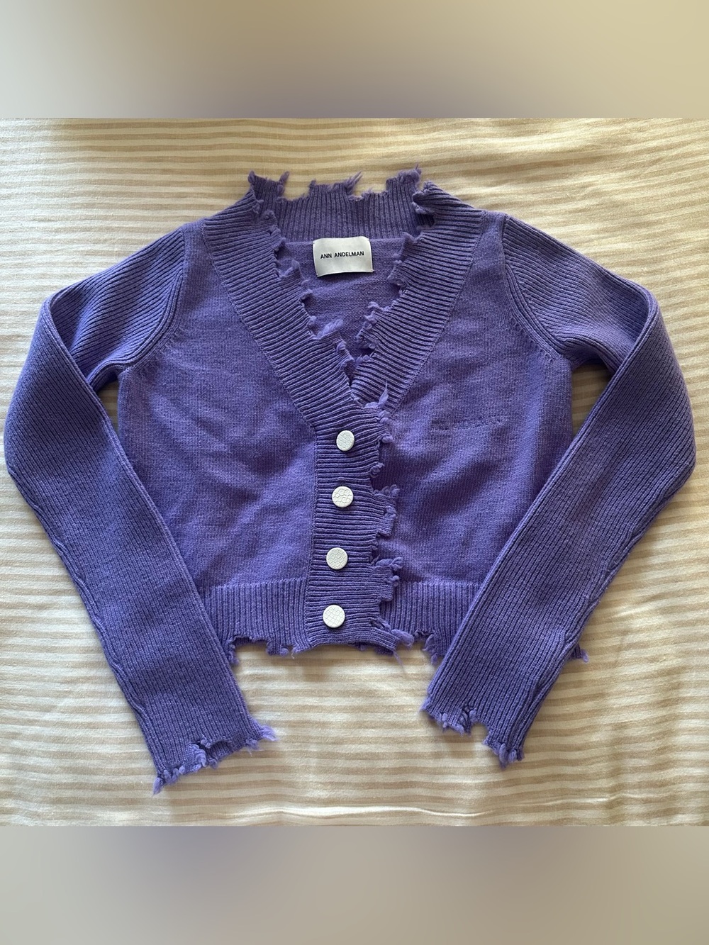 ann andelman destroyed hem purple virgin wool cardigan / sz med